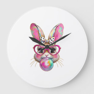 Happy Easter Bunny Coquette Bow Brushstroke Easter Large Clock