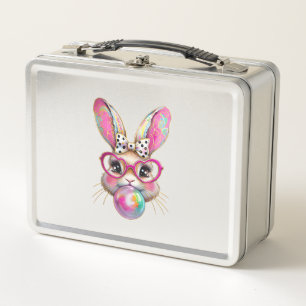 Happy Easter Bunny Coquette Bow Brushstroke Easter Metal Lunch Box