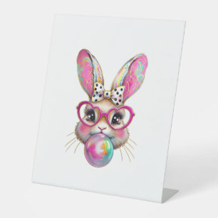Happy Easter Bunny Coquette Bow Brushstroke Easter Pedestal Sign