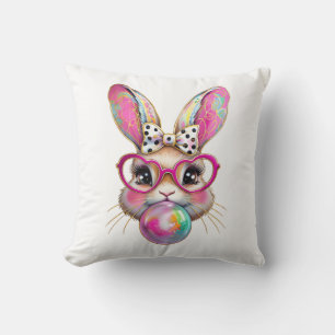 Happy Easter Bunny Coquette Bow Brushstroke Easter Throw Pillow