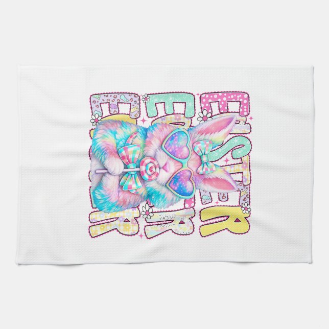 Happy Easter Bunny Coquette Bow Preppy Easter Day  Kitchen Towel (Horizontal)