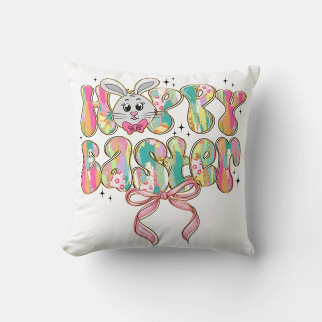 Happy Easter Bunny Coquette Bow Throw Pillow (Front)