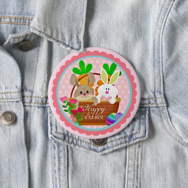 Happy Easter Bunny - Cute Rabbit & Easter Basket 4 Inch Round Button (In Situ)