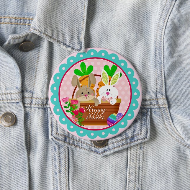Happy Easter Bunny - Cute Rabbit & Easter Basket 4 Inch Round Button (In Situ)