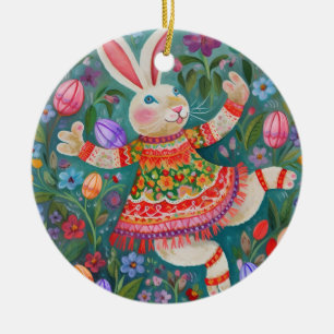 Happy Easter Bunny Dance Ceramic Ornament