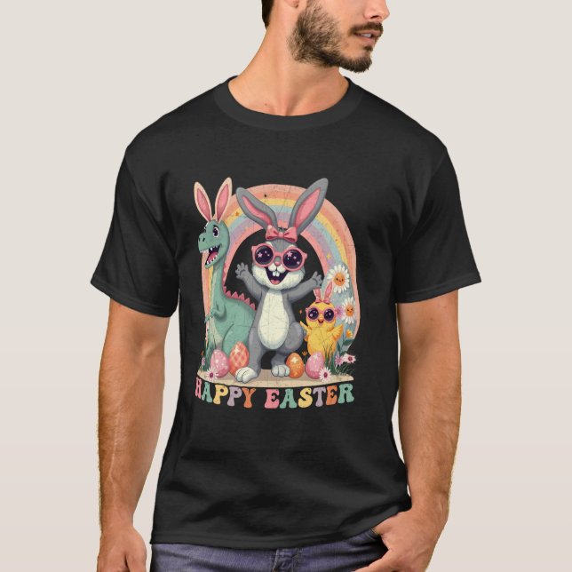 Happy Easter Bunny Dinosaur Easter Eggs T-Shirt (Front)