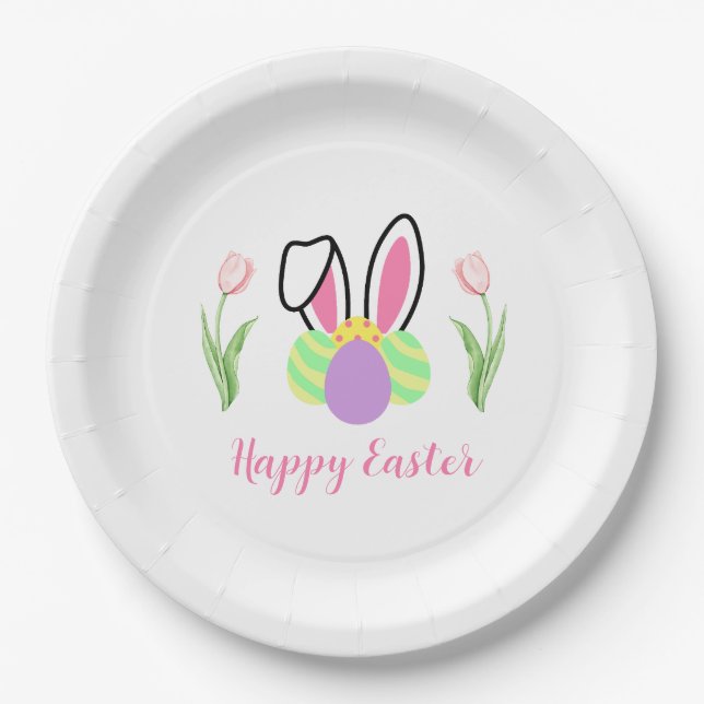 Happy Easter Bunny Ears and Eggs Party  Paper Plate (Front)