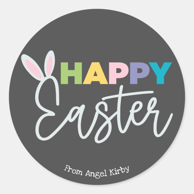 Happy Easter Bunny Ears, Colourful Typography Classic Round Sticker (Front)