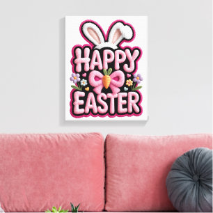 Happy Easter Bunny Ears Cute Carrot Bow Funny East Canvas Print