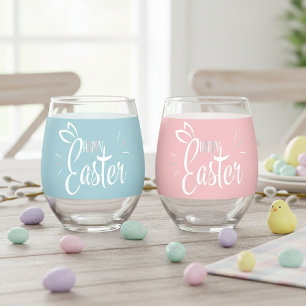 Happy Easter Bunny Ears Cute Pink And Blue Retro Stemless Wine Glass
