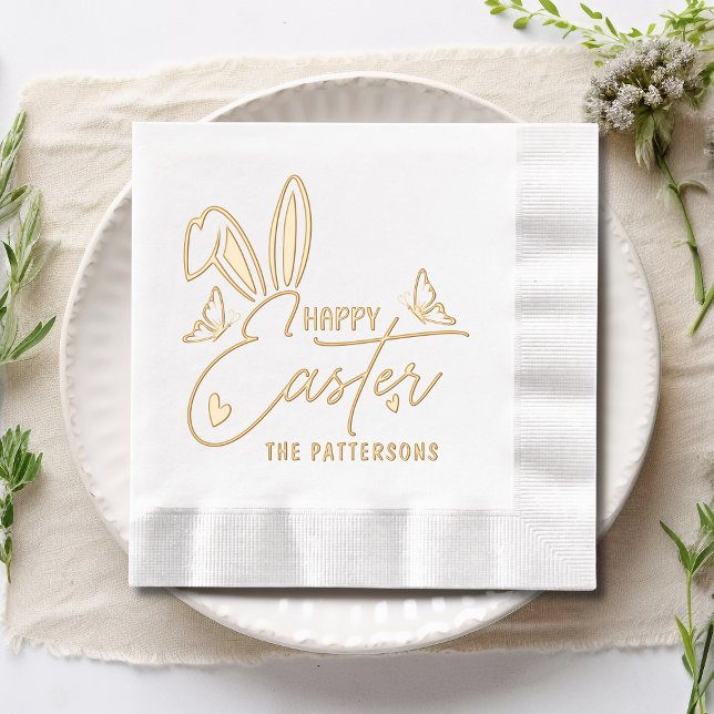 Happy Easter Bunny Ears Script Personalized Name Foil Napkins (Creator Uploaded)