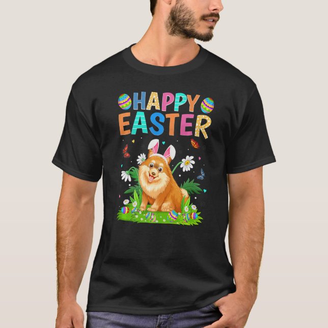 Happy Easter Bunny Egg Funny Pomeranian Dog Easter T-Shirt (Front)