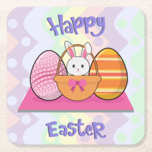 Happy Easter Bunny Eggs Basket Cute Easter  Square Paper Coaster