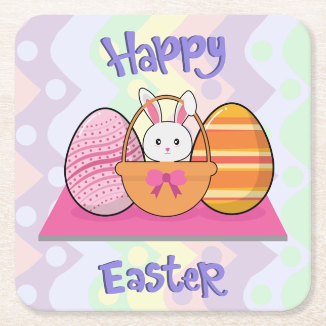 Happy Easter Bunny Eggs Basket Cute Easter  Square Paper Coaster (Front)
