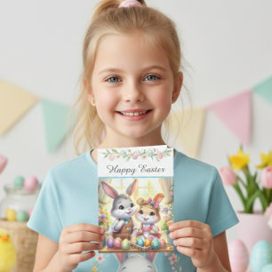 Happy Easter Bunny & Eggs Greeting  Holiday Card