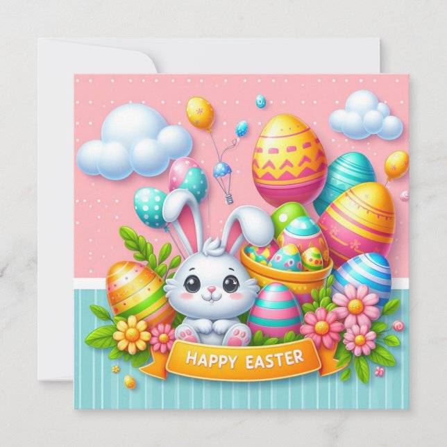 Happy Easter - Bunny Eggs in Pastel Colours Holiday Card (Front)