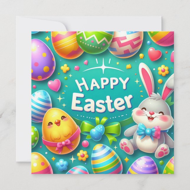 Happy Easter - Bunny Eggs in Vibrant Colours Holiday Card (Front)