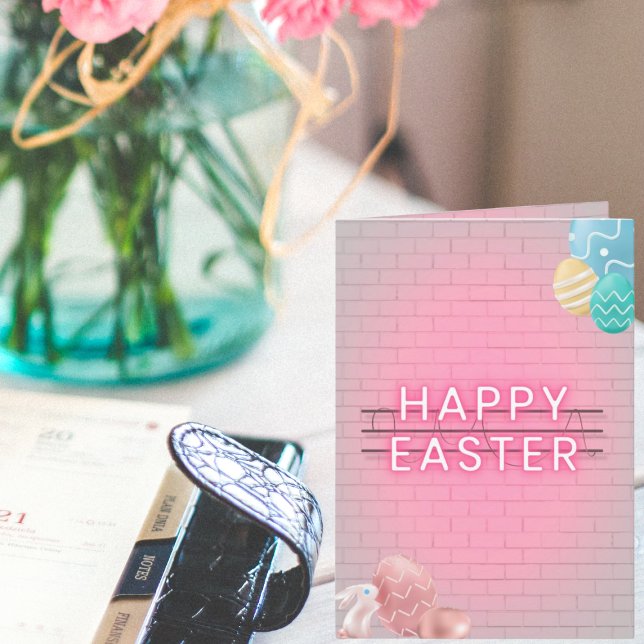 Happy Easter Bunny Eggs Pink Neon Sign Folded Card (Creator Uploaded)