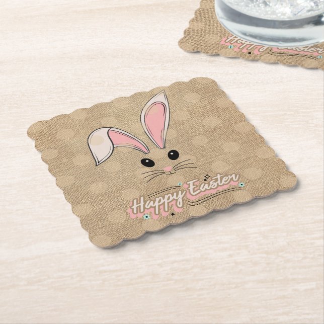 Happy Easter Bunny Face Neutral Polka Dots Paper Coaster (Angled)