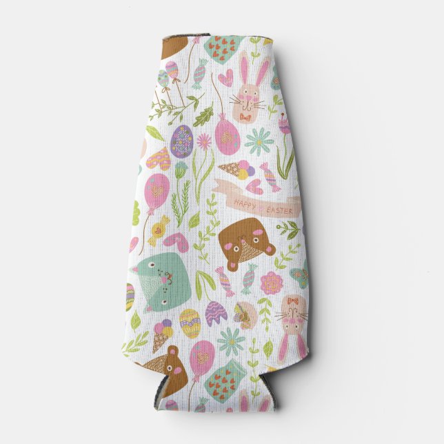 Happy Easter Bunny Floral Pattern Bottle Cooler (Front)