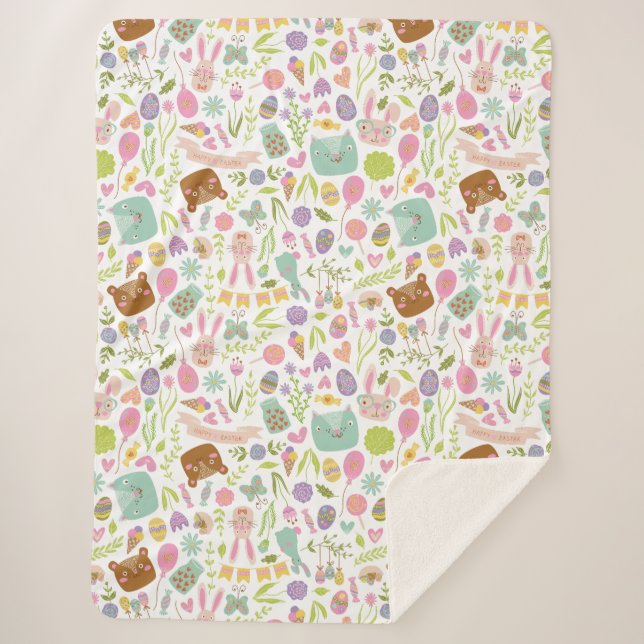 Happy Easter Bunny Floral Pattern Sherpa Blanket (Front)