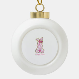 Happy Easter Bunny Girls Easter Women Pink Floral  Ceramic Ball Christmas Ornament