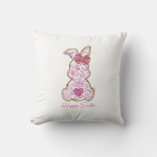 Happy Easter Bunny Girls Easter Women Pink Floral  Throw Pillow