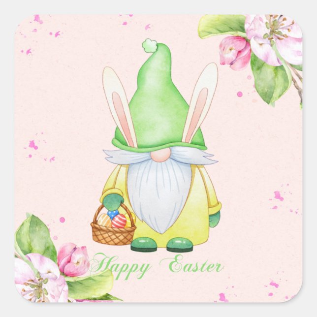 Happy Easter Bunny Gnome Square Sticker (Front)