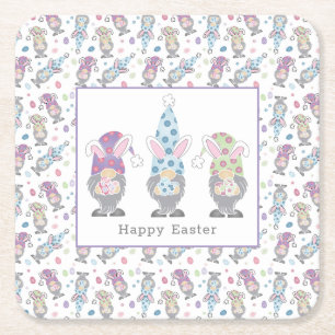 Happy Easter Bunny Gnomes Square Paper Coaster