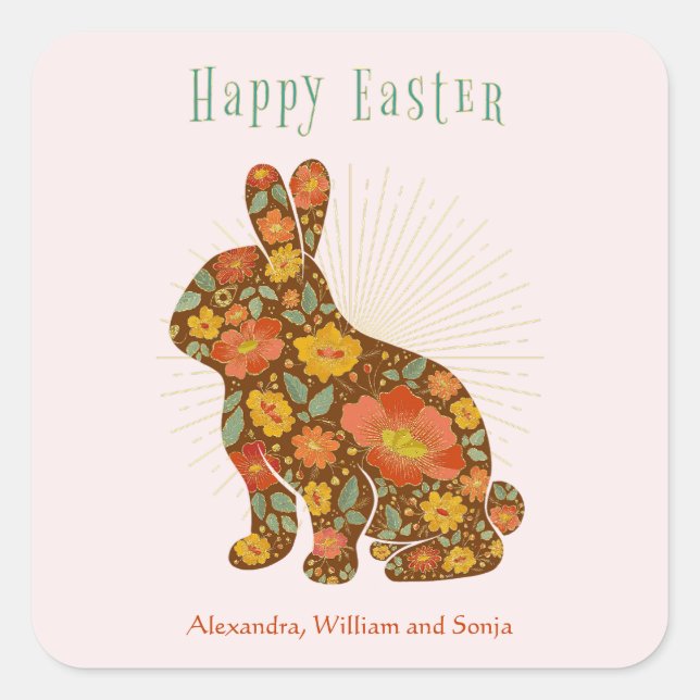 Happy Easter Bunny Gold Colourful Personalized Square Sticker (Front)