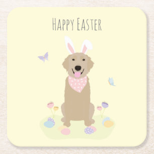 Happy Easter Bunny Golden Retriever Square Paper Coaster