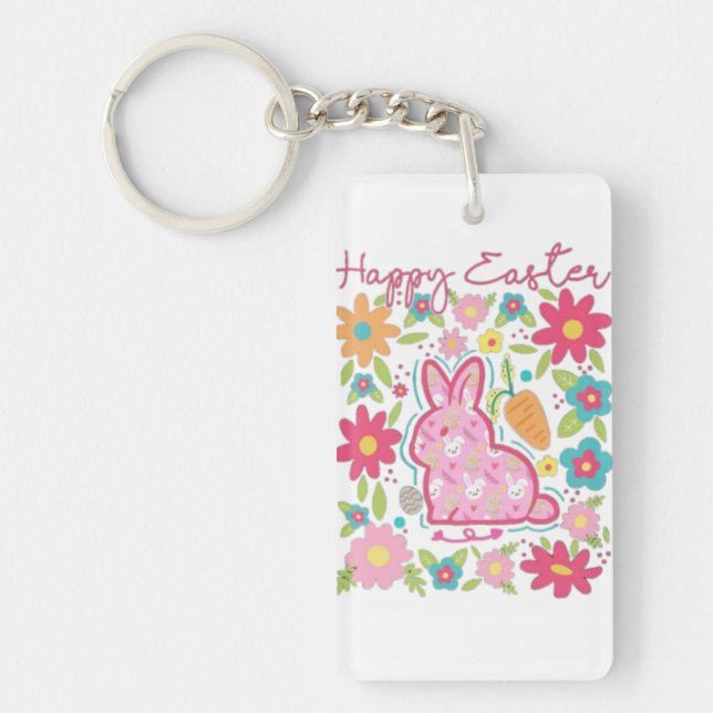 Happy Easter Bunny Illustration Keychain (Front)