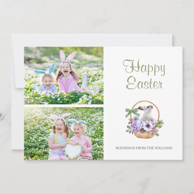 Happy Easter Bunny in Basket 2 Photo Holiday Card (Front)