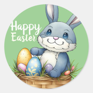 Happy Easter, Bunny In Egg Basket Keychain Classic Round Sticker