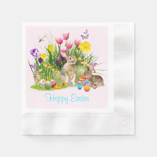 Happy Easter Bunny in Garden Pink Paper Napkin (Front)