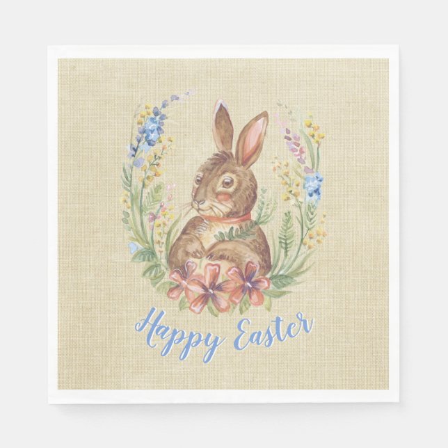 Happy Easter Bunny in Garden Watercolor Flowers Napkin (Front)