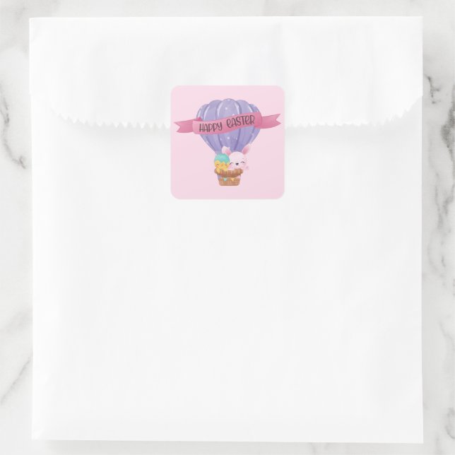 Happy Easter Bunny in Hot Air Balloon Square Sticker (Bag)