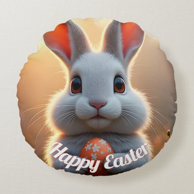 Happy Easter Bunny in the Magic of Spring Round Pillow (Front)