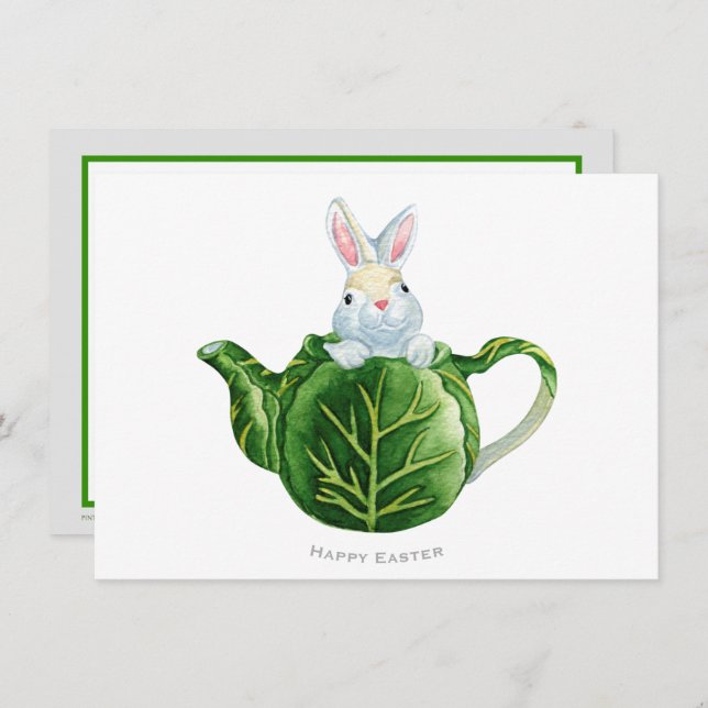 Happy Easter Bunny Lettuce Teapot Holiday Card (Front/Back)