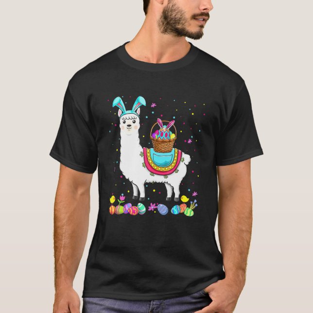Happy Easter Bunny Llama Bringing Easter Eggs Bask T-Shirt (Front)