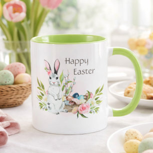 Happy Easter Bunny Mug   Watercolor Spring Coffee