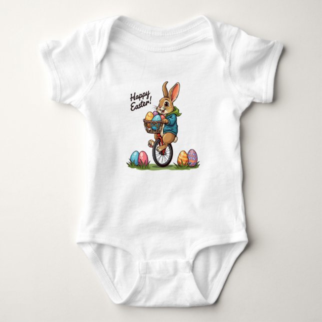 Happy Easter Bunny on a Unicycle with basket of Eg Baby Bodysuit (Front)
