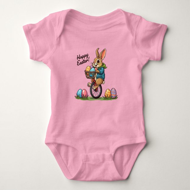 Happy Easter Bunny on a Unicycle with basket of Eg Baby Bodysuit (Front)