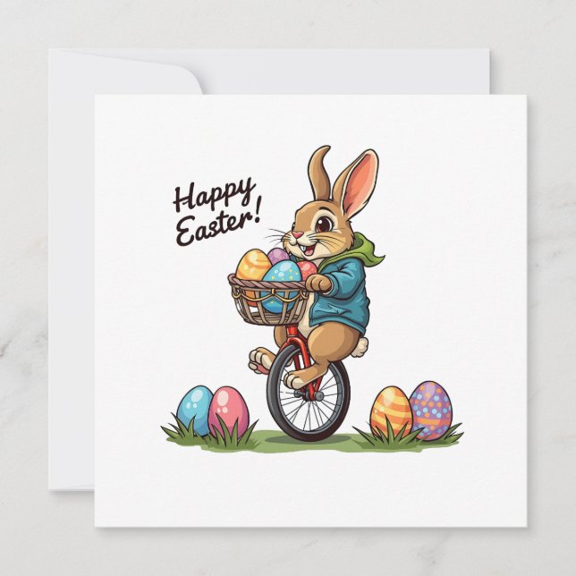 Happy Easter Bunny on a Unicycle with basket of Eg Invitation (Front)