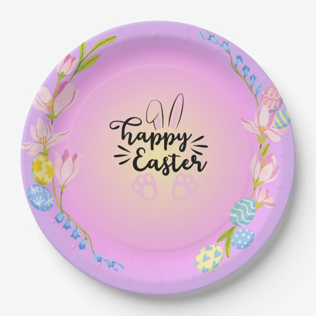 Happy Easter Bunny Outline Pretty Pastel Paper Plate (Front)