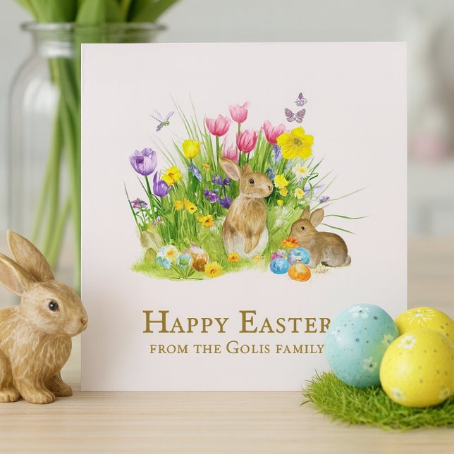 Happy Easter Bunny Personalized Flat Holiday Card (Hand-cut collage of watercolor elements, pieced and compressed with care for Easter charm)