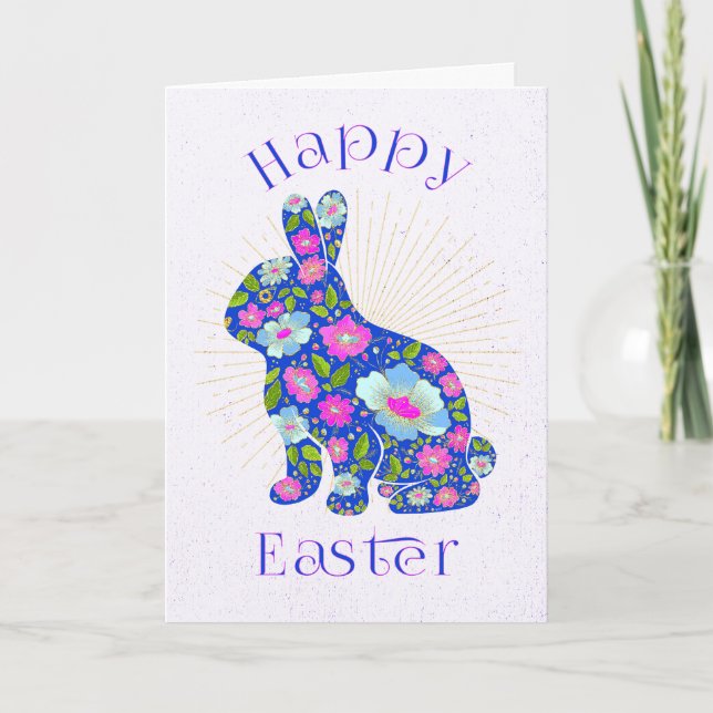 Happy Easter Bunny Personalized Floral Colourful Holiday Card (Front)