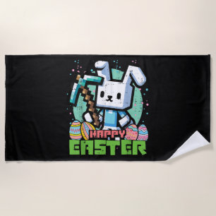 Happy Easter Bunny Pixel Game  Beach Towel