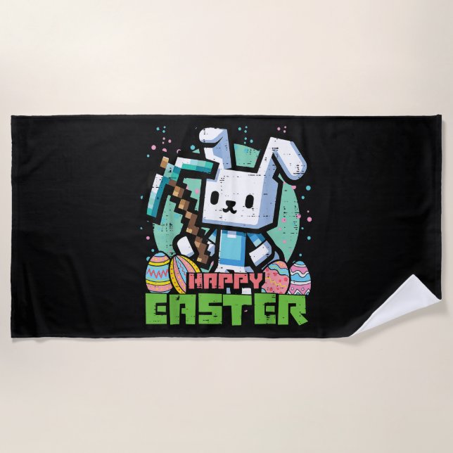 Happy Easter Bunny Pixel Game  Beach Towel (Front)