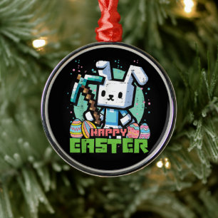 Happy Easter Bunny Pixel Game  Metal Ornament